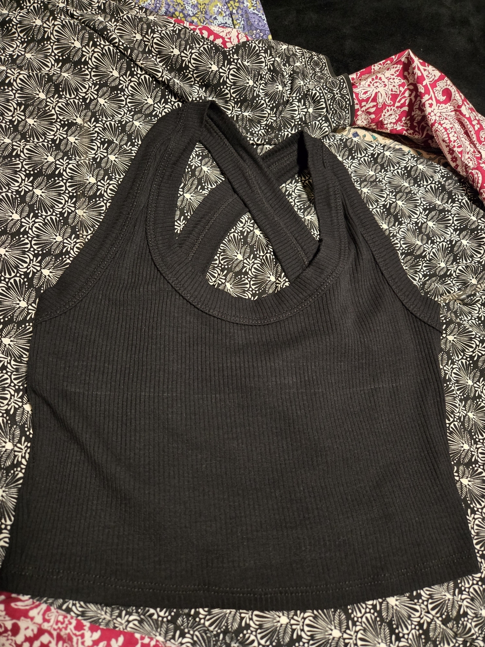 Blue Blush Black Ribbed Crisscross Strap Crop Tank